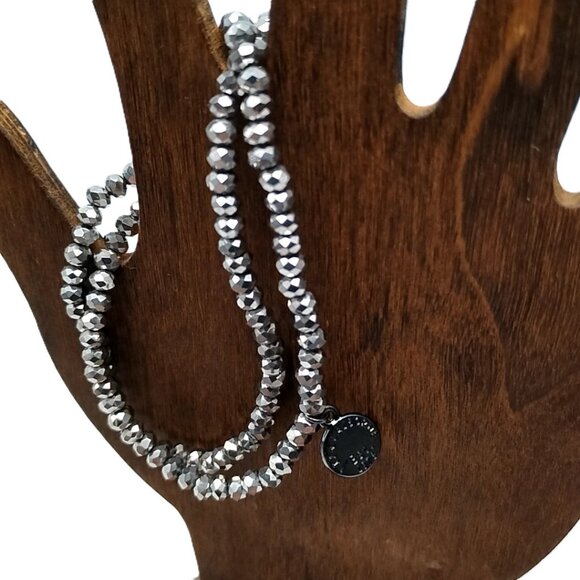 Liz Claiborne Silver Tone Double Strand Stretch Bracelet with Pave Crystal Bead - Picture 6 of 11